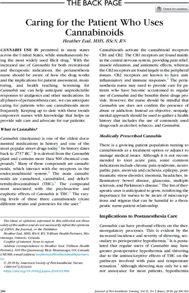 Caring for the Patient Who Uses Cannabinoids