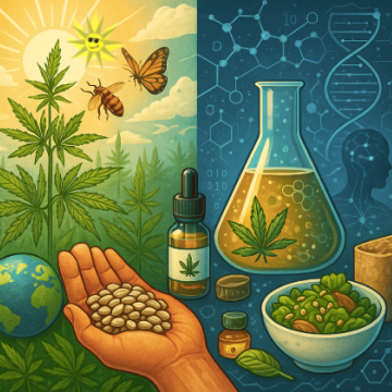 A detailed, colorful illustration split into two halves, symbolizing hemp’s dual potential: on the left, a natural setting with a hemp plant, bees, and the Earth, representing sustainable agriculture, and on the right, a scientific setup with a laboratory flask, cannabis oil, and hemp-based food, emphasizing hemp's modern applications in medicine and nutrition.