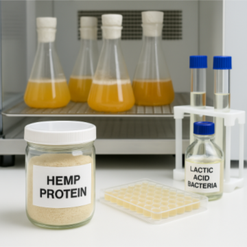 A clean laboratory scene showing a jar labeled "Hemp Protein" on a counter beside fermentation flasks, plant extract containers, and test tubes. The setup represents fermentation experiments using lactic acid bacteria to preserve and enhance the flavor of plant based protein extracts.