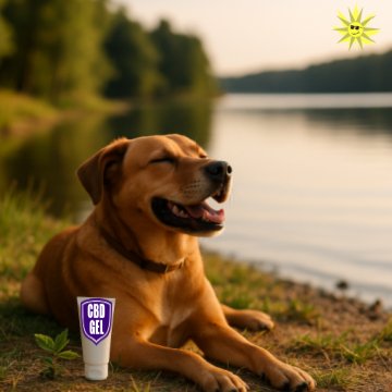 A relaxed golden-brown dog rests peacefully beside a calm lakeside at sunset, with a white CBD gel tube placed nearby on the grass.