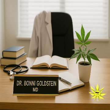 A wooden desk with a polished nameplate reading "Dr. Bonni Goldstein, MD." A potted cannabis plant sits to the left, a pen and notepad rest nearby, and a white doctor’s coat with a stethoscope draped over a chair is visible in the background. An open window lets in soft natural light and reveals greenery outside.