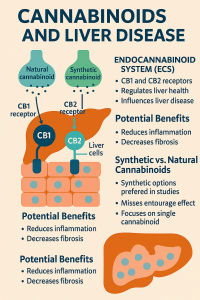 An educational infographic titled "Cannabinoids and Liver Disease Treatment." The image shows a liver with cannabinoid receptors labeled CB1 and CB2. The infographic illustrates the endocannabinoid system's regulation of liver health, highlighting potential benefits such as reducing inflammation and decreasing fibrosis. The bottom portion contrasts synthetic and natural cannabinoids, with a focus on the importance of the entourage effect and the holistic benefits of natural cannabinoids.
