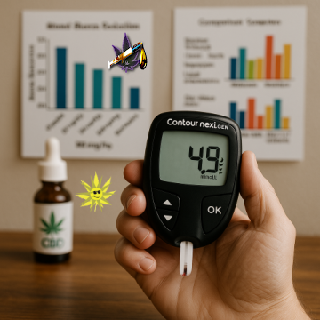 A close-up photograph of a hand holding a blood glucose meter displaying 4.9 mmol/L, with a vibrant CBD hemp plant in the background, symbolizing natural healing and balanced metabolic health.