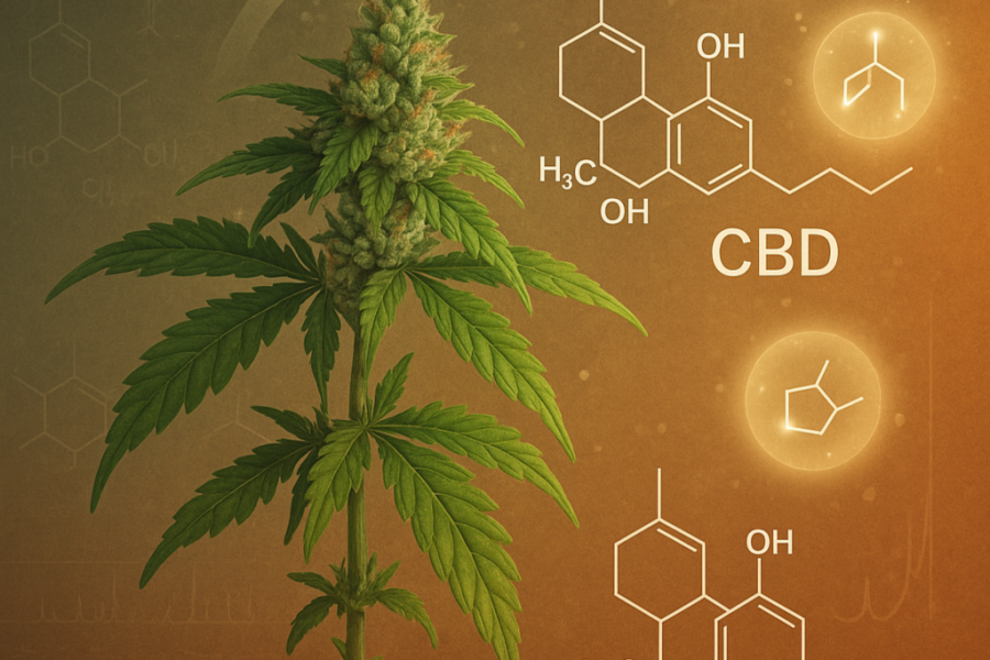 Illustration showing the chemical structures of CBD (Cannabidiol) and THC (Tetrahydrocannabinol), highlighting their differences in molecular arrangement, with CBD exhibiting a hydroxyl group and THC featuring a tetrahydropyran ring.