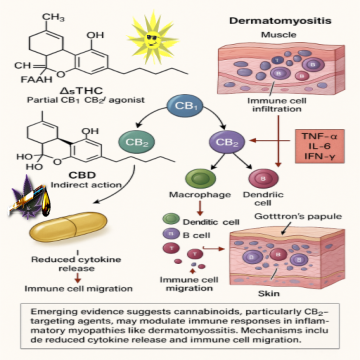 A detailed scientific diagram showing how cannabinoids may modulate immune responses in dermatomyositis. On the left are chemical structures of Δ⁹-THC and CBD, with CBD marked as acting indirectly and THC as a partial CB1/CB2 agonist. A cannabis leaf visually anchors the cannabinoid focus. A softgel capsule represents a medical delivery form. Arrows trace immune modulation pathways, highlighting CB2 receptor interaction with macrophages, B cells, and dendritic cells. On the right, muscle and skin tissue illustrations show immune cell infiltration, including T and B cells, with labeled cytokines TNF-α, IL-6, and IFN-γ. A text box summarizes that cannabinoid modulation is under study for autoimmune diseases like dermatomyositis.
