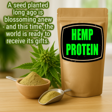 A close-up high-resolution photograph of a brown kraft paper bag filled with freshly harvested hemp seeds, with natural lighting highlighting the rich texture and earthy tones of the seeds and packaging