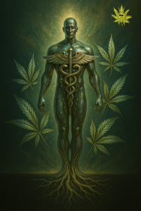 Illustration of a glowing human figure with illuminated endocannabinoid pathways, surrounded by cannabis leaves, rooted into the earth, symbolizing natural healing and balance through the endocannabinoid system.