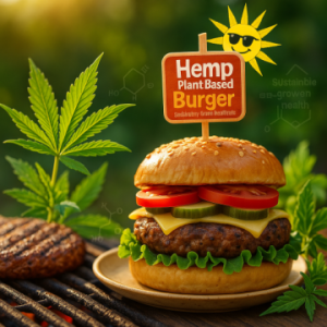 A summer BBQ scene featuring a juicy hemp-based burger patty sizzling on the grill, with perfect grill marks and a playful toothpick sign reading "Hemp Plant Burger." Off to the side, burger buns are toasting on the grill. Nearby, a fully assembled burger with all the fixings — lettuce, tomato, onion, pickles, and sauce — is ready to be served. A small hemp plant garnish adds a hint of the plant’s origin. Bright, vibrant summer tones capture the casual BBQ vibe.