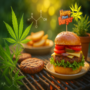 A vibrant digital image showing a hemp-based plant burger on a plate, paired with fresh hemp leaves and seeds in the background. The image visually represents the fusion of plant-based food innovation and natural hemp protein, without any text overlay.