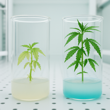 Two cannabis clones in transparent cylindrical jars filled with gel-like medium on a perforated lab shelf. The left plant shows signs of hyperhydricity with pale, weak leaves, while the right plant appears healthy with strong green foliage. The base of the right jar has a subtle blue tint, representing bottom cooling conditions tested in a lab environment.