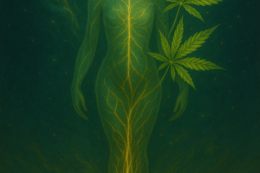 A surreal digital painting of a glowing, gender-neutral human figure intertwined with a cannabis plant, both emerging from the earth with shared golden roots under a celestial night sky filled with stars, symbolizing natural healing, unity, and connection to nature.