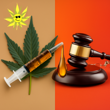 A digital image split into two halves. On the left, an upright oral syringe with a golden cannabis oil drop appears in front of a purple cannabis leaf. Above it, a sun with cannabis leaf-shaped rays represents the Freedom Wares logo. On the right, a judge's gavel rests against a red-orange background, symbolizing legal reform.