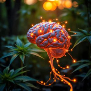 Illustration of cannabis plants connecting with a human brain through glowing energy, symbolizing natural healing, reduced inflammation, and brain recovery.