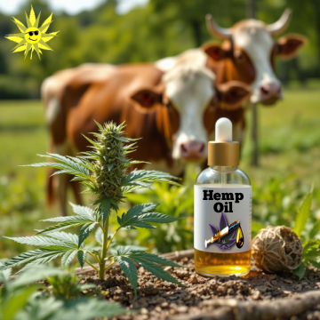 Close-up of cannabis plant with hemp oil bottle, symbolizing hemp oil's potential antimicrobial properties for livestock health and antibiotic alternatives