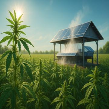 A high-resolution image shows vibrant hemp leaves under bright sunlight with water droplets shimmering on their surface. In the background, soft reflections on water and warm golden tones evoke the theme of solar desalination. The composition suggests harmony between nature, sustainability, and clean water innovation.