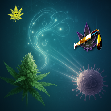 Digital illustration showing a Cannabis sativa flower releasing glowing molecular strands toward a neuroblastoma cancer cell, symbolizing new cannabinoids and chlorin-type metabolites targeting cancer.