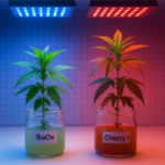 Two cannabis plants labeled BaOx and Cherry 1 growing in clear RV750 vessels filled with gel medium under blue and red LED grow lights. BaOx appears compact and green under blue light, while Cherry 1 is taller with reddish leaves under red light. Both sit on a metal lab shelf in a controlled growth environment.
