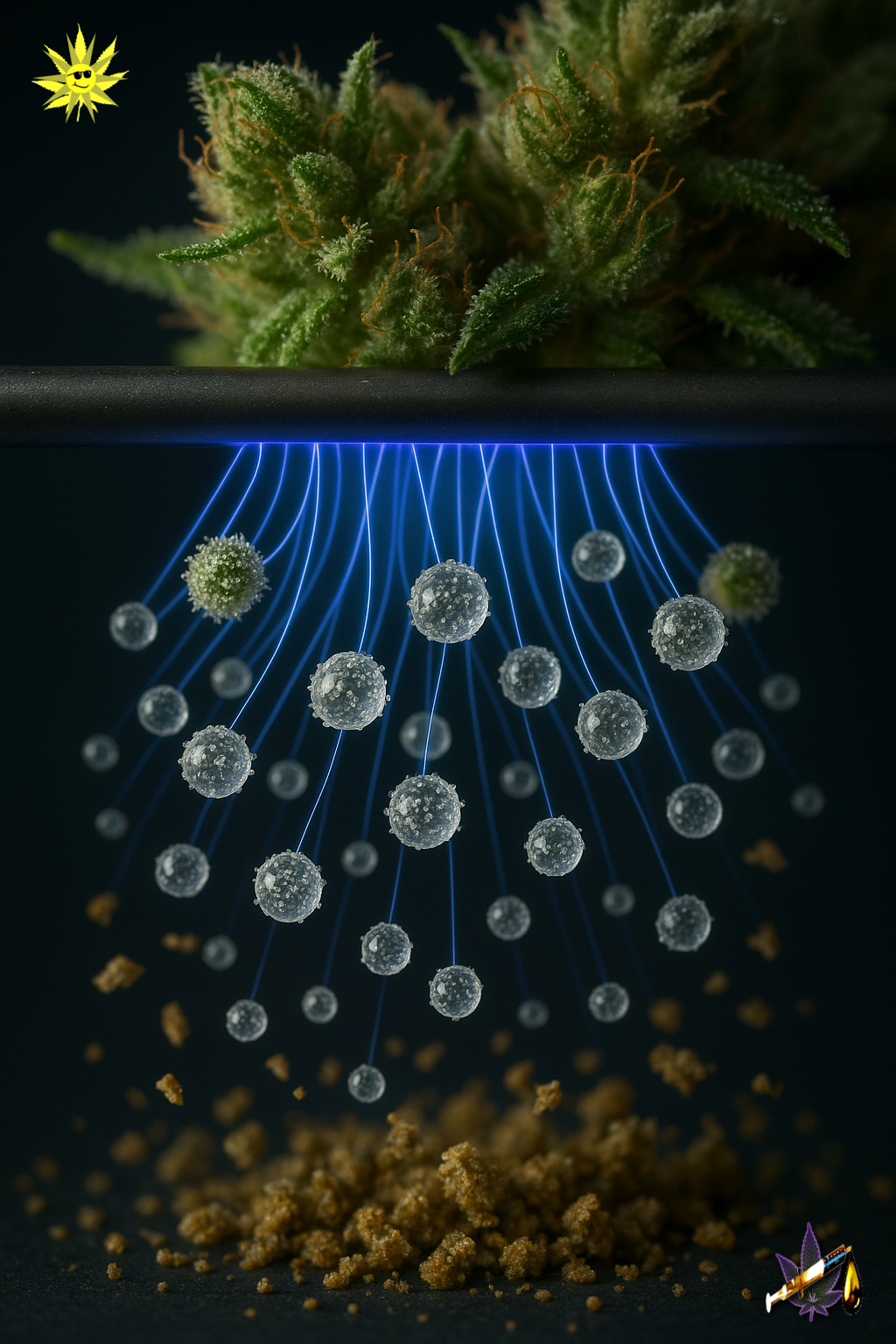High-resolution scientific illustration showing cannabis trichomes being separated from plant material using electrostatic fields. The trichomes appear as realistic bulbous glandular structures detaching in mid-air, with visual cues of charge polarity and separation dynamics, symbolizing a clean, solvent-free extraction process.