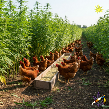 Healthy broiler chickens on a sunny Manitoba hemp farm eating feed visibly supplemented with hemp meal and seeds from a trough, with a field of tall green hemp plants in the background, illustrating natural poultry supplementation.