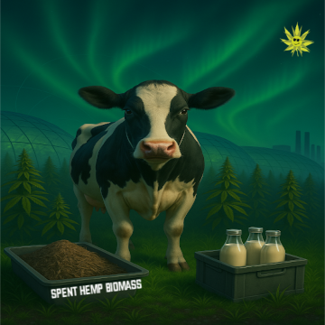Futuristic hemp farm under the northern lights showing a Holstein dairy cow with a cross-section of its digestive system, including stylized stomachs. To the cow’s left is a fibrous pile of spent hemp biomass, and to the right is a crate of glass milk bottles. Hemp plants are growing in the background across the landscape.