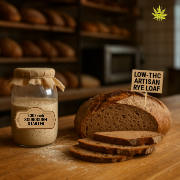 A professional bakery scene showing a CBD-rich sourdough starter beside a sliced artisan rye loaf labeled with a small toothpick sign reading 'low-THC artisan rye loaf,' captured in warm lighting to highlight the natural textures and clean workspace.