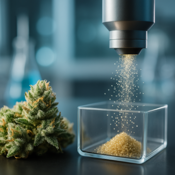 High-resolution image of cannabis trichomes being separated electrostatically. Visible trichomes fall through a charged field while plant biomass is deflected. The setup illustrates a clean, solventless extraction process that highlights purity and precision in cannabis processing.