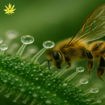 A macro photograph shows a honeybee closely interacting with glistening glandular trichomes on a cannabis leaf. The bee’s head and translucent wing are sharply in focus as it brushes against the crystal-like resin structures. The background is softly blurred green, emphasizing the fine textures and biological detail in the foreground.