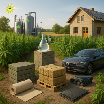 A realistic digital rendering of a sustainable, futuristic world powered by hemp. The scene includes hemp fields in the foreground, a hempcrete home under construction, insulation panels labeled as hemp-based, and nonwoven carbon materials being applied to a wind turbine. Packaging materials, textiles, and biodegradable electronics casings are displayed at a nearby innovation center. A carbon-negative factory emits clean vapor, showcasing localized, regenerative manufacturing. Lush greenery and solar panels frame the scene, emphasizing eco-innovation and plant-based industry transformation.