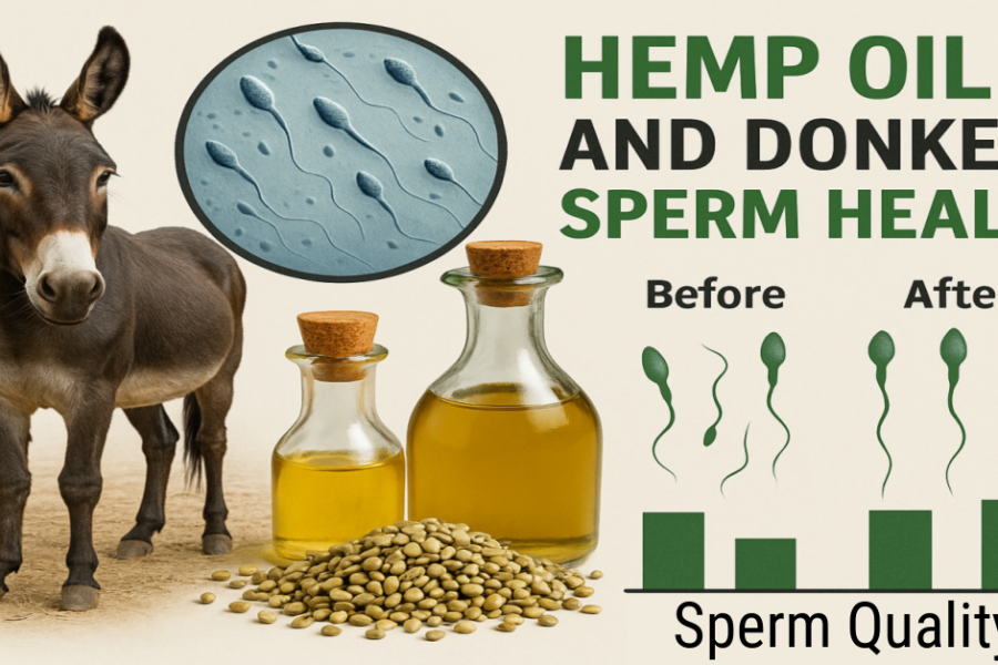 Split microscope image showing donkey sperm before and after hemp seed oil supplementation. On the left, misshapen or sluggish sperm represent reduced quality before supplementation. On the right, healthier, more uniform sperm illustrate improved motility and morphology. Hemp seeds and oil appear below, linking dietary intervention to reproductive benefits.