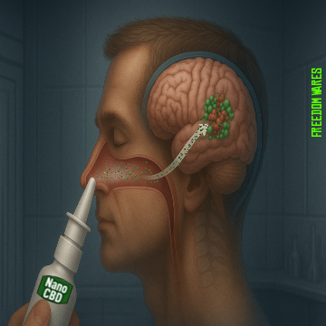 A detailed medical illustration shows a man using a nasal spray labeled "Nano CBD" as green nanoparticles travel through his nasal cavity and into his brain. The particles are shown targeting a cluster of amyloid beta plaques in the cerebral cortex. The background features a dimly lit laboratory setting, and the words "FREEDOM WARES" appear vertically in green along the right edge.