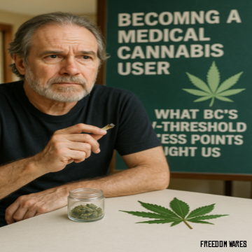 A photograph of a light-skinned man in his late 50s standing outside a storefront-style cannabis dispensary. He wears a woven hat and glasses, with long blond hair, and is smiling gently. He holds a labeled jar of cannabis and a package of edibles, symbolizing compassionate cannabis access. Behind him, the storefront window displays community posters, emphasizing the welcoming, grassroots nature of low-threshold access points.