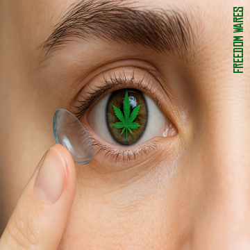 A digital photograph captures an extreme close-up of a transparent contact lens resting gently on a human fingertip. In the soft background, a cannabis leaf and medical supplies are subtly visible, symbolizing the lens’s therapeutic purpose. The composition suggests scientific innovation and healing.