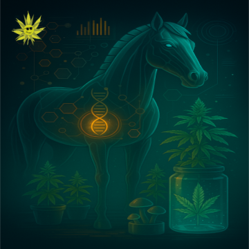 A futuristic illustration of a glowing horse overlaid with DNA graphics, surrounded by cannabis plants and mushrooms in a biotech-themed lab setting. A cannabis leaf is preserved in a glass jar, symbolizing plant-based regenerative medicine.