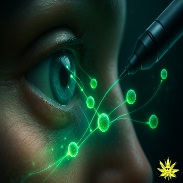 3D digital illustration of a human eye receiving glowing green CBD-loaded extracellular vesicles from a non-invasive delivery device, symbolizing targeted cannabinoid therapy for retinal protection without injections.