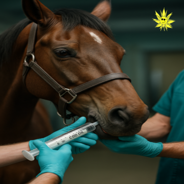 Oral dose of CBD being given to an Italian Saddle horse to help reduce intraocular pressure (IOP).
