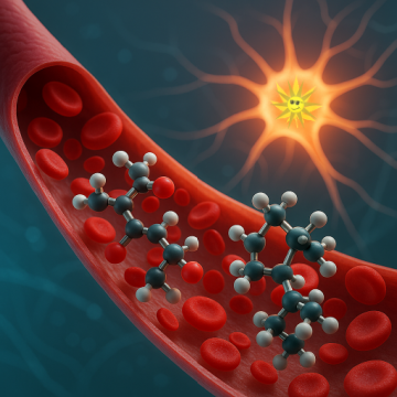 A 3D-rendered scientific illustration showing cannabidiol (CBD) and delta-9-tetrahydrocannabinol (THC) molecules flowing through a realistic human bloodstream. In the background, a softly glowing neuron represents brain protection and elevated BDNF levels. The scene reflects the neuroprotective and anti-inflammatory effects of cannabinoids as studied in chronic pain patients.