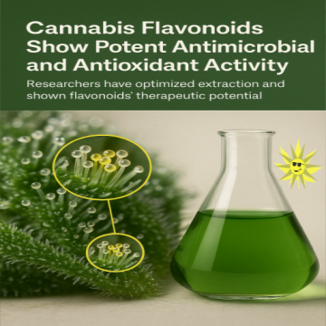 Close-up of cannabis glandular trichomes with yellow-highlighted heads indicating flavonoid presence, shown beside a green liquid in a laboratory flask on a neutral background. Text above reads "Cannabis Flavonoids Show Potent Antimicrobial and Antioxidant Activity.