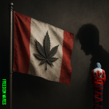 3D-rendered image of a solemn, realistic human figure standing against a Canadian flag backdrop, with symbolic red tape wrapped around their chest and legs to represent cannabis stigma and restrictive laws.