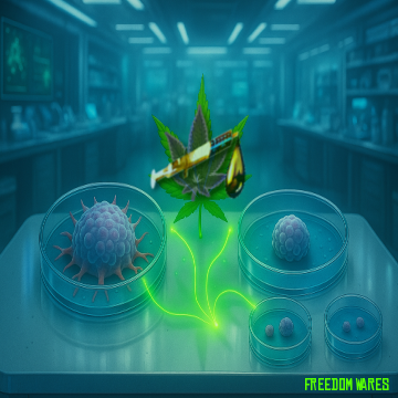 A futuristic laboratory scene showing petri dishes on a glowing surface. On the left, large colorectal and pancreatic cancer cells are displayed in full size. On the right, three smaller petri dishes contain visibly shrunken versions of the same cells, representing tumor reduction after cannabinoid treatment. Glowing green energy lines flow across the table, symbolizing the therapeutic action of cannabinoids. The background features a high-tech lab environment with blurred scientific equipment and digital displays.