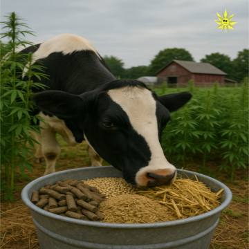 A Holstein cow feeds from a galvanized metal bucket containing four types of hemp byproducts: dark hempseed cake pellets, dehulled hemp seeds, fibrous hemp stalks, and finely ground spent hemp biomass. The cow stands in a pasture bordered by tall hemp plants, with a red barn and greenhouse visible in the background under a cloudy sky.