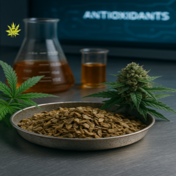 A digital photograph showcases hemp waste materials, including hempseed threshing residue and crushed husks, arranged on a clean lab surface. Nearby are amber glass vials containing hemp extracts, with faint molecular diagrams and a subtle green-toned background suggesting scientific analysis and natural wellness research.