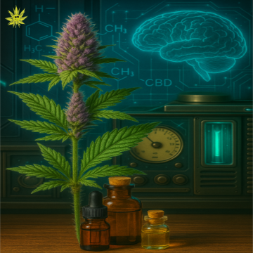 A dense, trichome-covered cannabis bud with vivid purple hues stands upright beside three amber essential oil bottles. The background features a glowing digital brain illustration and cannabinoid structures on a futuristic lab wall, with vintage dials and glowing tubes suggesting scientific analysis. The scene blends botanical realism with retro-science aesthetics.