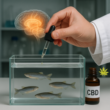 A lab scene showing a human hand in a white coat using a dropper to administer CBD into a zebrafish aquarium, with a subtle brain overlay in the water symbolizing neurological priming.