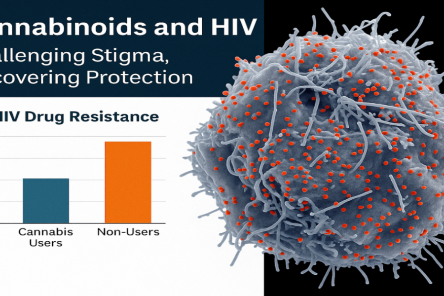 A scientifically accurate HIV-themed graphic featuring an SEM image of an HIV-infected T cell covered in red virions, alongside a bar graph showing reduced drug resistance in cannabis users compared to non-users.