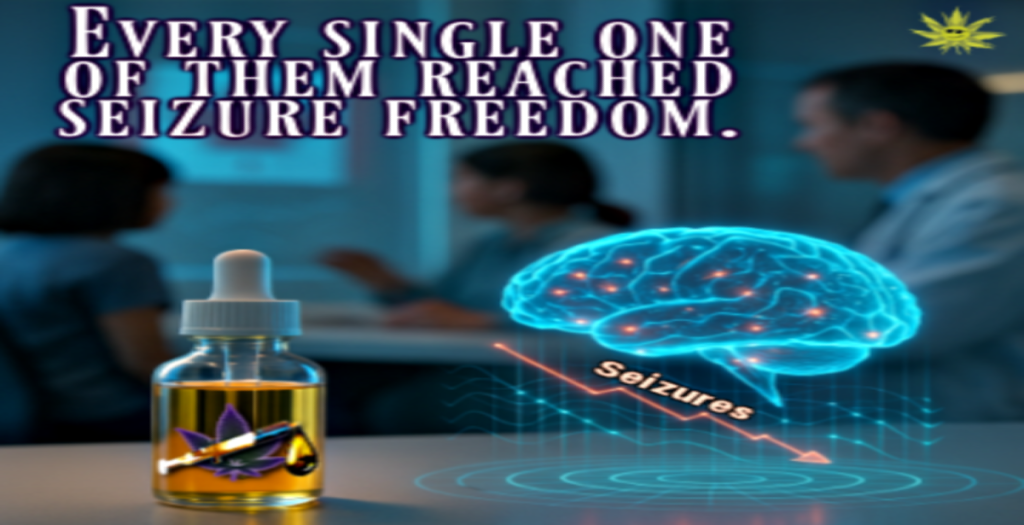 A futuristic clinical setting showing a glass bottle of cannabis oil in the foreground with a glowing 3D brain hologram beside it. The hologram displays neural signals and a downward arrow, visually representing reduced seizure activity. In the background, a doctor consults with a caregiver and child, and a subtle Canadian flag is displayed on the wall. A caption reads, “Every single one of them reached seizure freedom.”