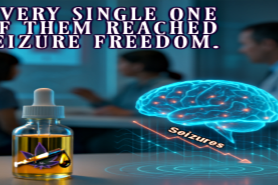 A futuristic clinical setting showing a glass bottle of cannabis oil in the foreground with a glowing 3D brain hologram beside it. The hologram displays neural signals and a downward arrow, visually representing reduced seizure activity. In the background, a doctor consults with a caregiver and child, and a subtle Canadian flag is displayed on the wall. A caption reads, “Every single one of them reached seizure freedom.”
