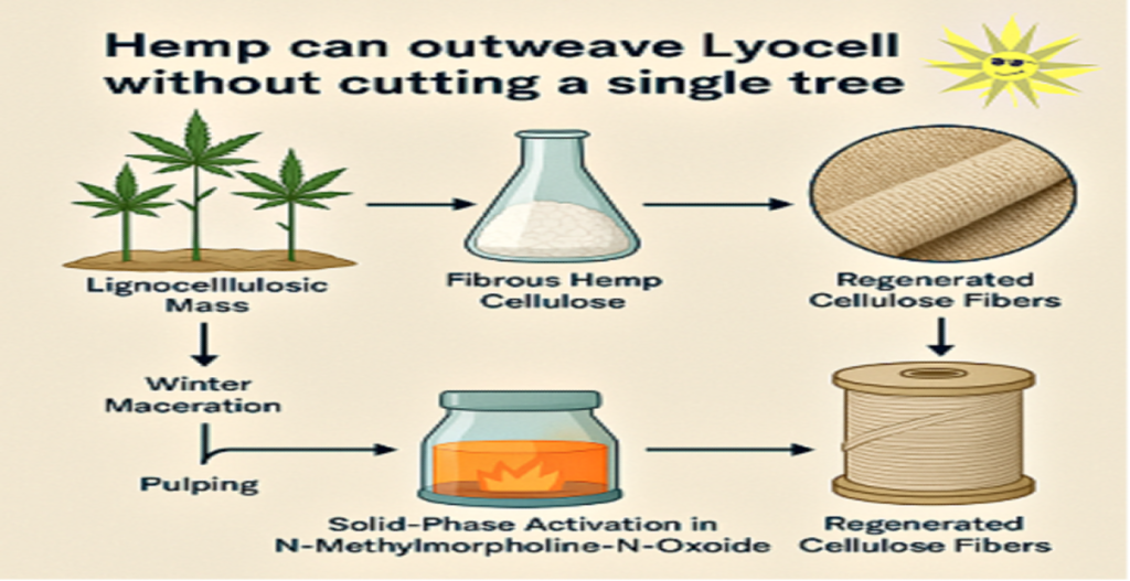 Infographic illustrating the hemp-to-textile process: shows hemp stalks undergoing winter maceration, followed by pulping, solid-phase NMMO activation, and fiber spinning into regenerated cellulose threads and fabric—demonstrating a sustainable alternative to tree-based Lyocell production.