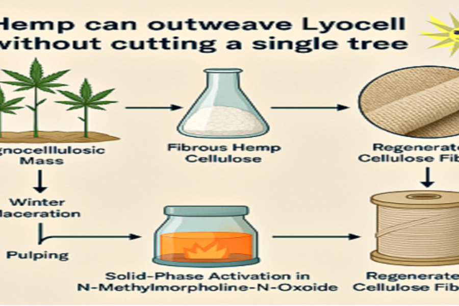Infographic illustrating the hemp-to-textile process: shows hemp stalks undergoing winter maceration, followed by pulping, solid-phase NMMO activation, and fiber spinning into regenerated cellulose threads and fabric—demonstrating a sustainable alternative to tree-based Lyocell production.