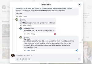 Screenshot of Ted Smith responding in a public thread discussing compassion clubs and criticizing statements about their disappearance